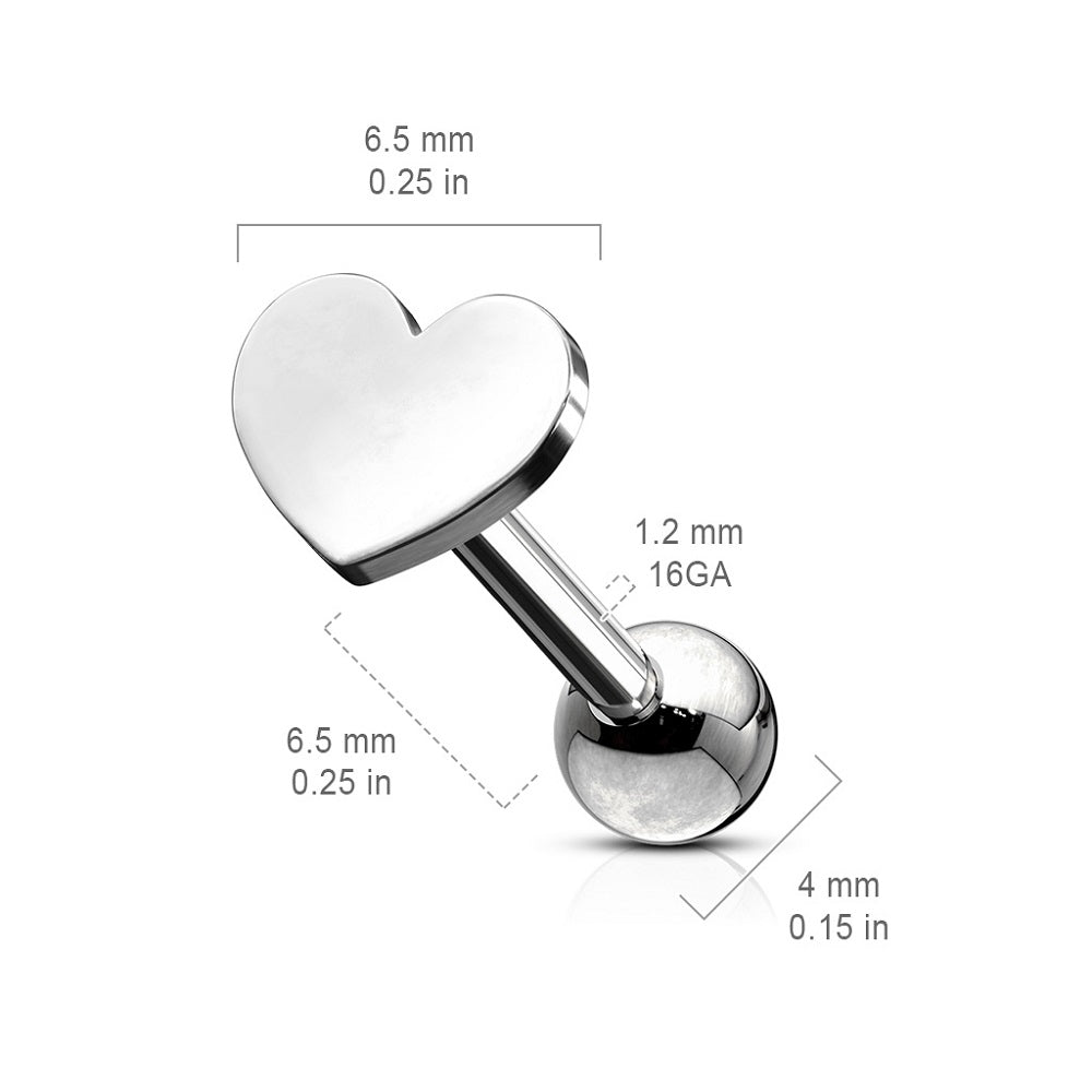 Flat Heart Top Cartilage Tragus Barbell - Stainless Steel