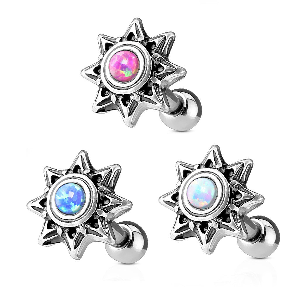 Set of 3 Opal Tribal Sun Cartilage Tragus Barbells - 316L Stainless Steel