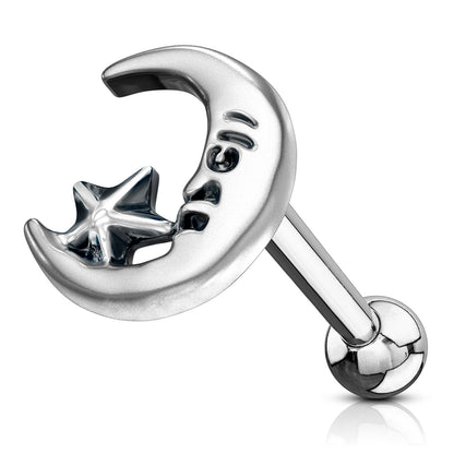Crescent Moon and Star Antique Silver Plated Ear Cartilage Stud - Stainless Steel