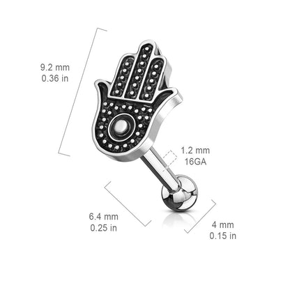 Hamsa Hand Antique Silver Plated Ear Cartilage Stud - Stainless Steel
