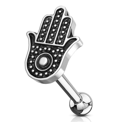 Hamsa Hand Antique Silver Plated Ear Cartilage Stud - Stainless Steel