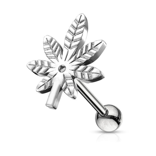 Marijuana Pot Leaf Tragus Cartilage Barbell Stud - 316L Stainless Steel