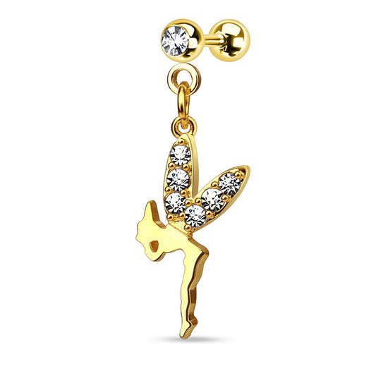 Gold Tone Fairy with CZ Wings Dangle Cartilage Barbell Stud - 316L Stainless Steel
