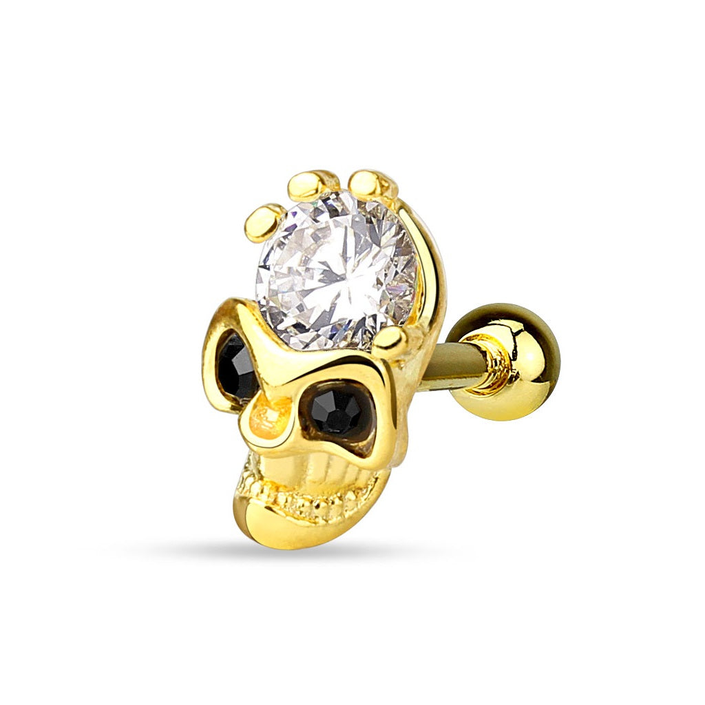 Golden Skull with CZ Forehead and Black CZ Eyes Barbell Stud - 316L Stainless Steel
