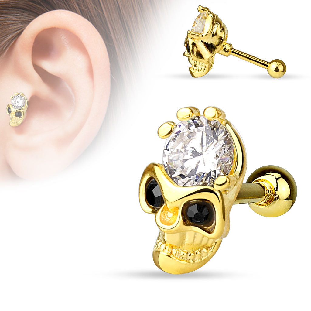 Golden Skull with CZ Forehead and Black CZ Eyes Barbell Stud - 316L Stainless Steel