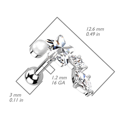 CZ Crystal Star with Vine and Pearl Barbell Stud - 316L Stainless Steel