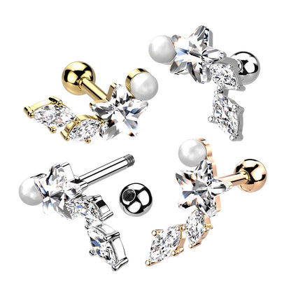 CZ Crystal Star with Vine and Pearl Barbell Stud - 316L Stainless Steel