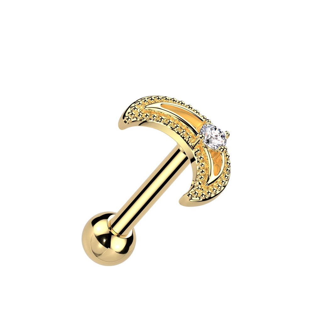 CZ Crystal Crescent Moon Barbell Stud - 316L Stainless Steel