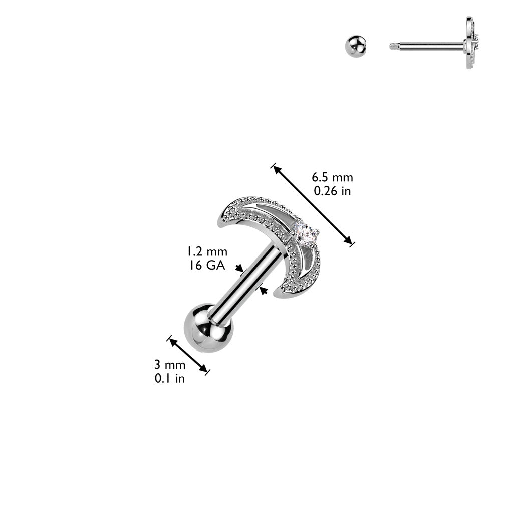 CZ Crystal Crescent Moon Barbell Stud - 316L Stainless Steel