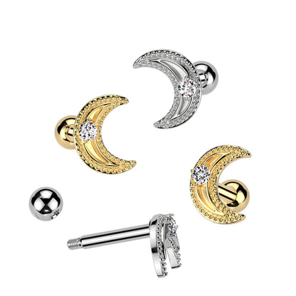 CZ Crystal Crescent Moon Barbell Stud - 316L Stainless Steel