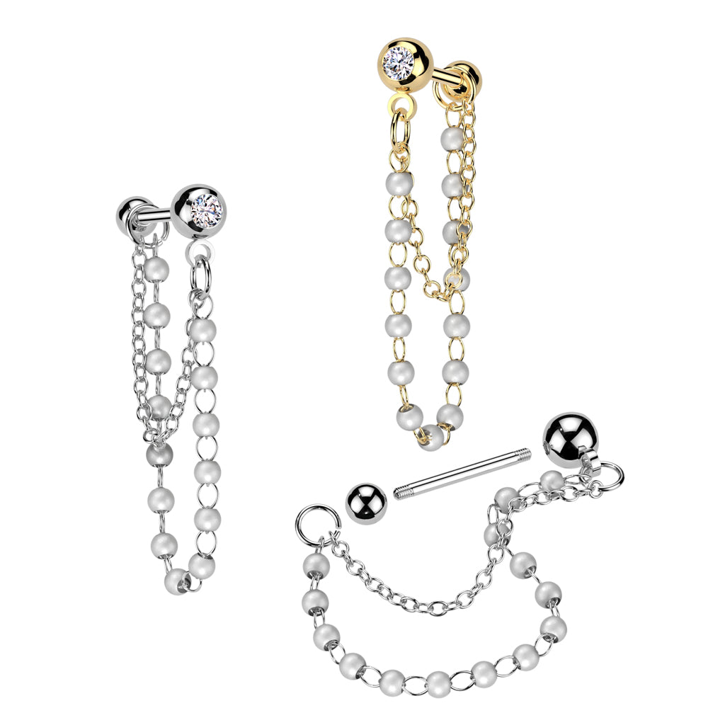 CZ Crystal Barbell Stud with Dangling Faux Pearls and Chain - 316L Stainless Steel