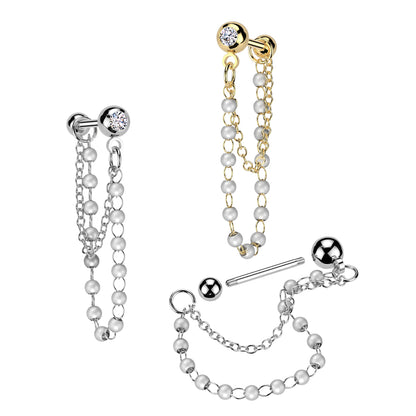 CZ Crystal Barbell Stud with Dangling Faux Pearls and Chain - 316L Stainless Steel