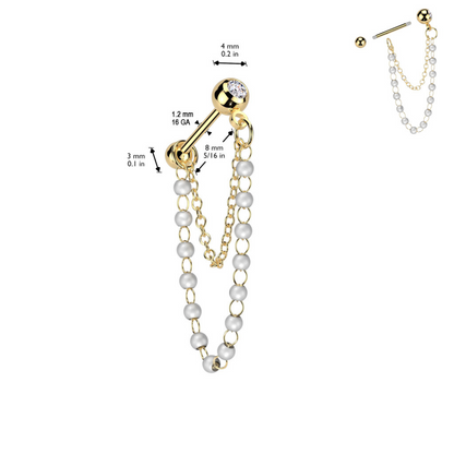 CZ Crystal Barbell Stud with Dangling Faux Pearls and Chain - 316L Stainless Steel