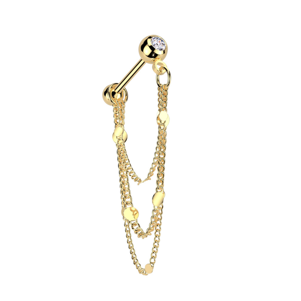 CZ Crystal Barbell Stud with Round Disc Dangling Chains - 316L Stainless Steel