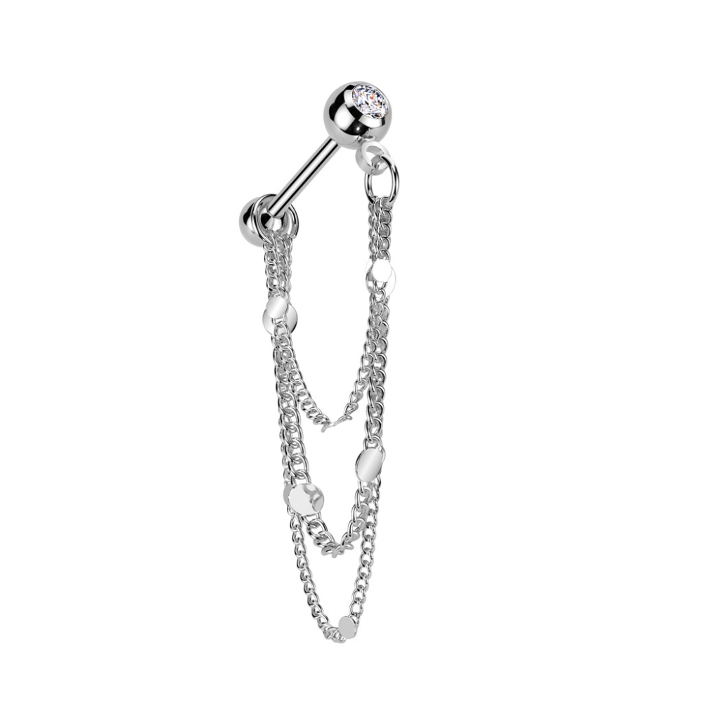 CZ Crystal Barbell Stud with Round Disc Dangling Chains - 316L Stainless Steel