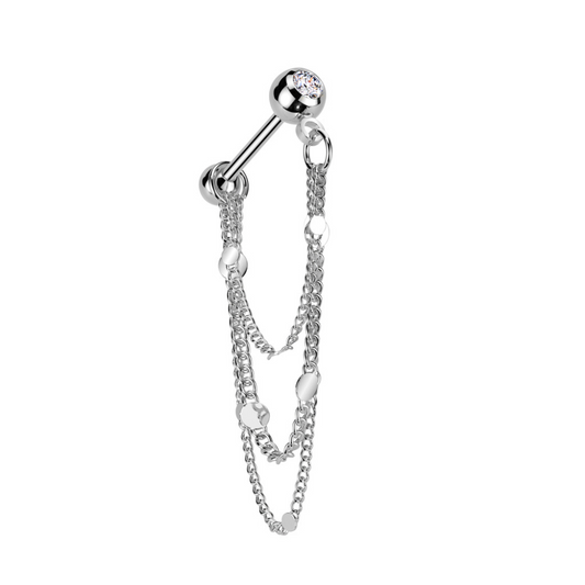 CZ Crystal Barbell Stud with Round Disc Dangling Chains - 316L Stainless Steel
