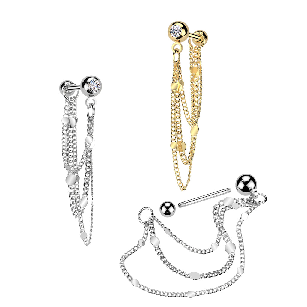 CZ Crystal Barbell Stud with Round Disc Dangling Chains - 316L Stainless Steel