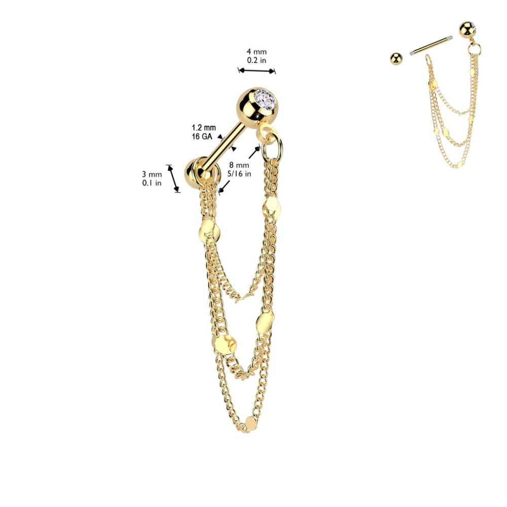 CZ Crystal Barbell Stud with Round Disc Dangling Chains - 316L Stainless Steel