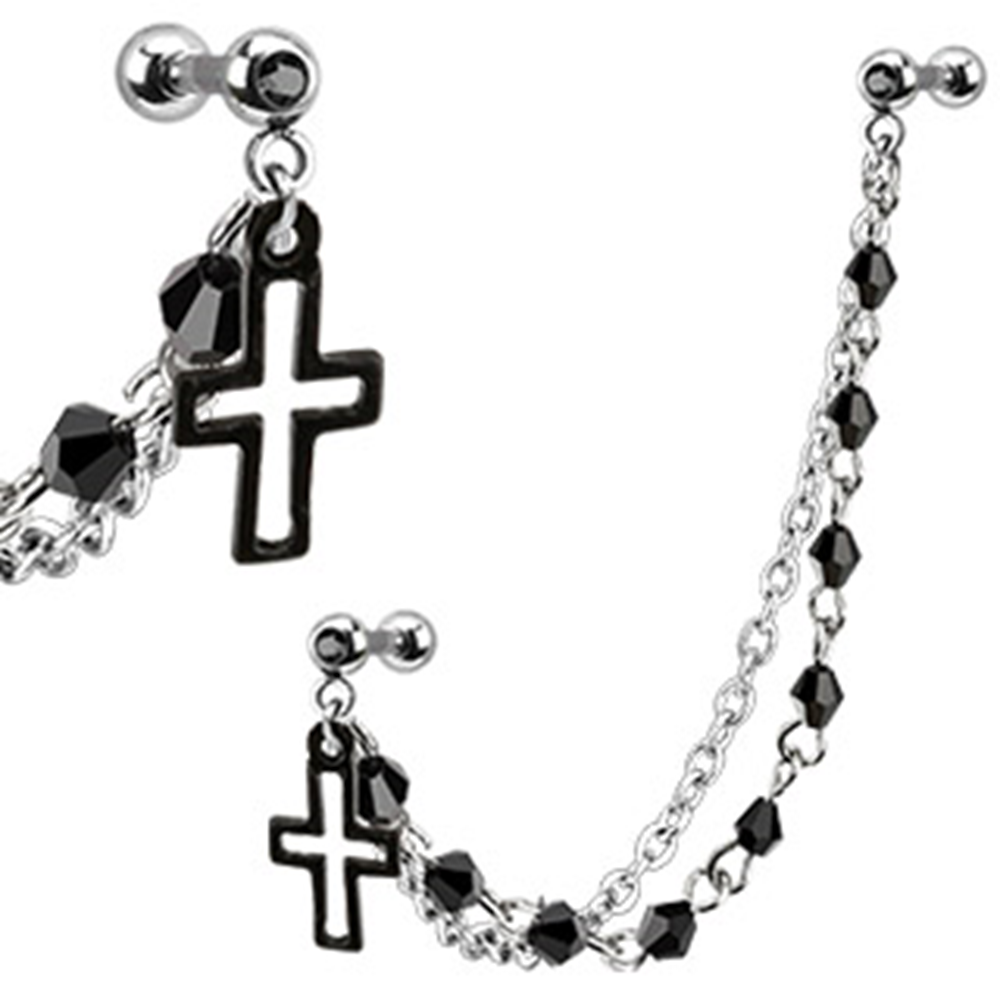 Dangling Cross with Double Chain Linked Barbells - 316L Stainless Steel