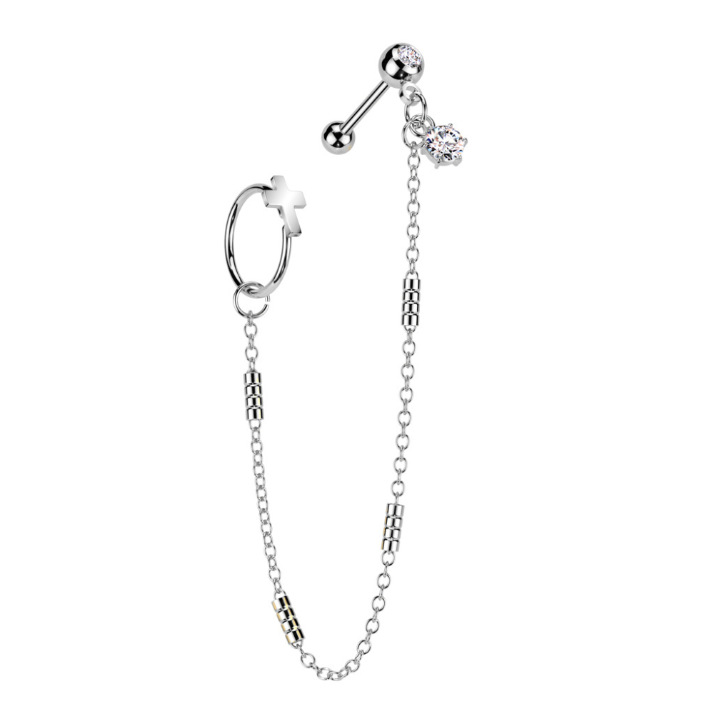 Cross Hoop and CZ Crystal Barbell with Connecting Chain - 316L Stainless Steel