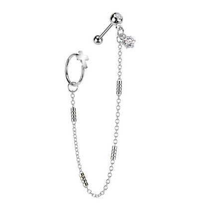 Cross Hoop and CZ Crystal Barbell with Connecting Chain - 316L Stainless Steel