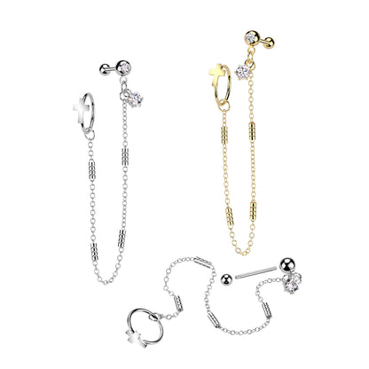 Cross Hoop and CZ Crystal Barbell with Connecting Chain - 316L Stainless Steel