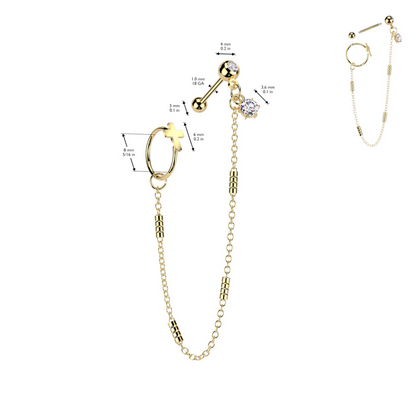 Cross Hoop and CZ Crystal Barbell with Connecting Chain - 316L Stainless Steel