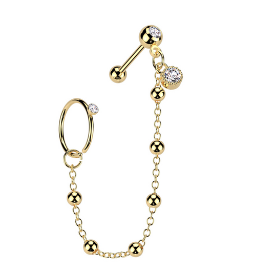 CZ Crystal Hoop and Barbell with Connecting Ball Chain - 316L Stainless Steel