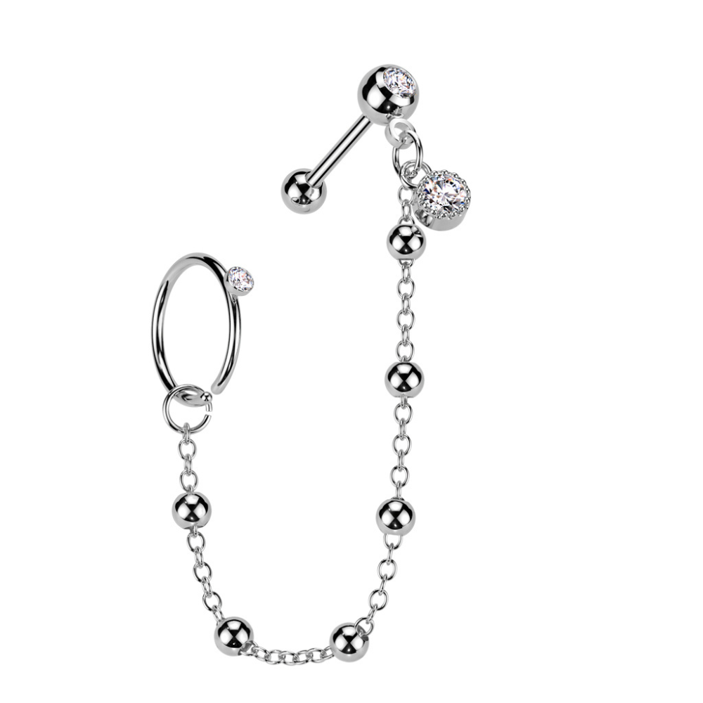 CZ Crystal Hoop and Barbell with Connecting Ball Chain - 316L Stainless Steel