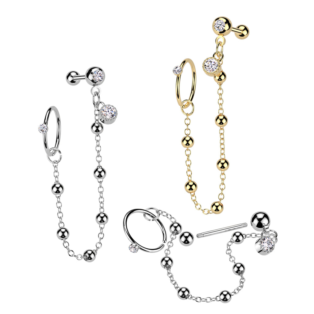 CZ Crystal Hoop and Barbell with Connecting Ball Chain - 316L Stainless Steel