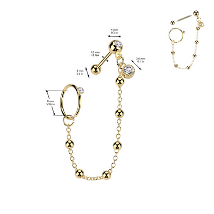CZ Crystal Hoop and Barbell with Connecting Ball Chain - 316L Stainless Steel