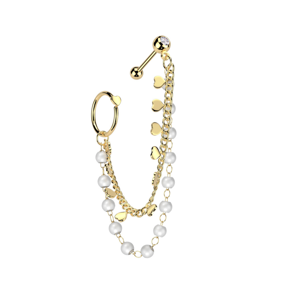 Heart Hoop and Barbell with Connecting Faux Pearl and Heart Chain - 316L Stainless Steel
