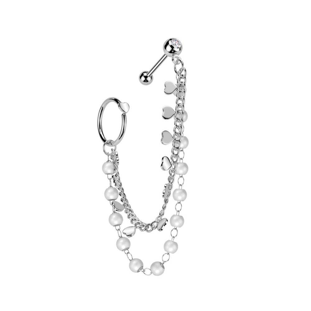 Heart Hoop and Barbell with Connecting Faux Pearl and Heart Chain - 316L Stainless Steel
