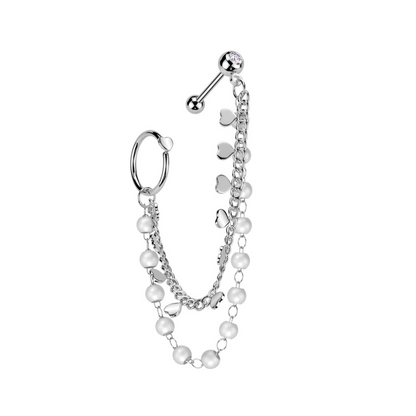 Heart Hoop and Barbell with Connecting Faux Pearl and Heart Chain - 316L Stainless Steel