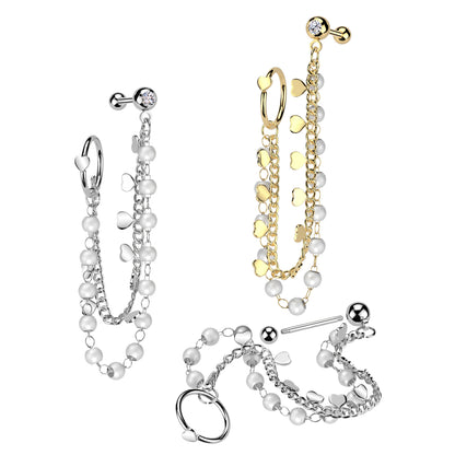 Heart Hoop and Barbell with Connecting Faux Pearl and Heart Chain - 316L Stainless Steel
