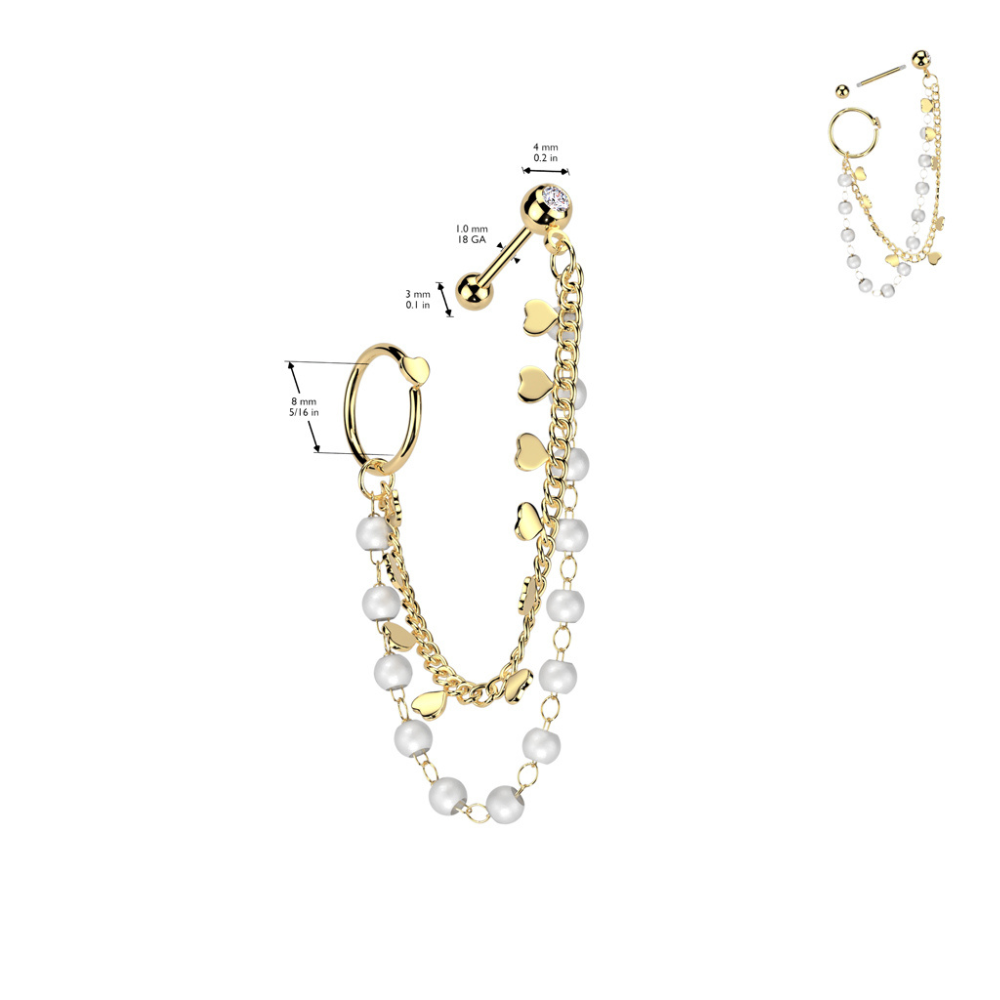 Heart Hoop and Barbell with Connecting Faux Pearl and Heart Chain - 316L Stainless Steel