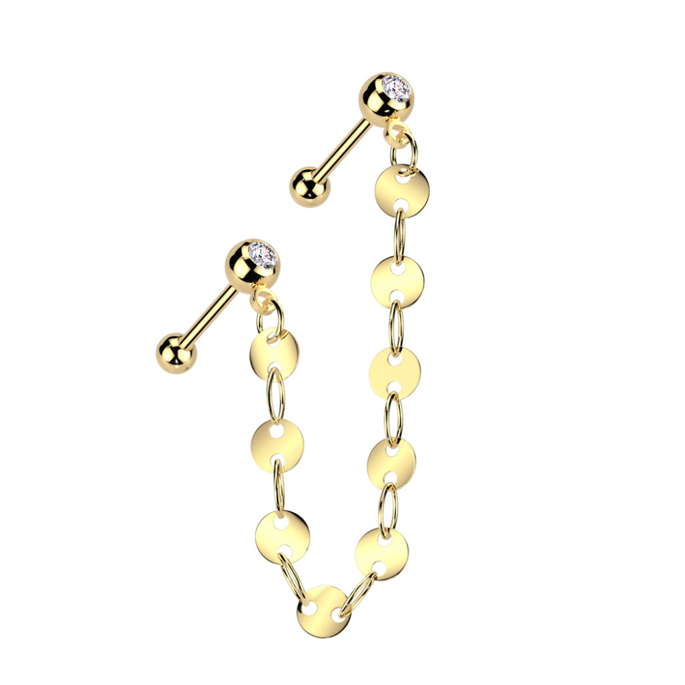 CZ Crystal Barbells with Connecting Flat Disc Chain - 316L Stainless Steel