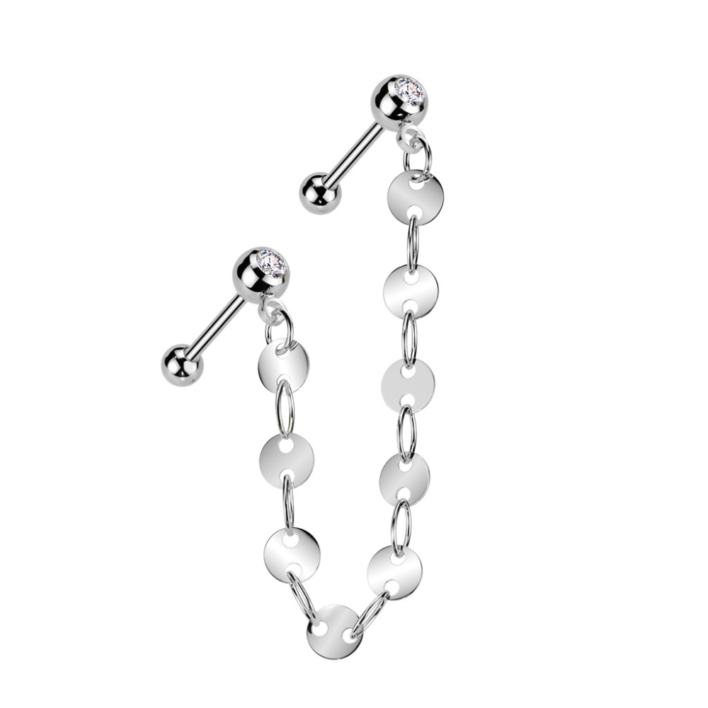 CZ Crystal Barbells with Connecting Flat Disc Chain - 316L Stainless Steel