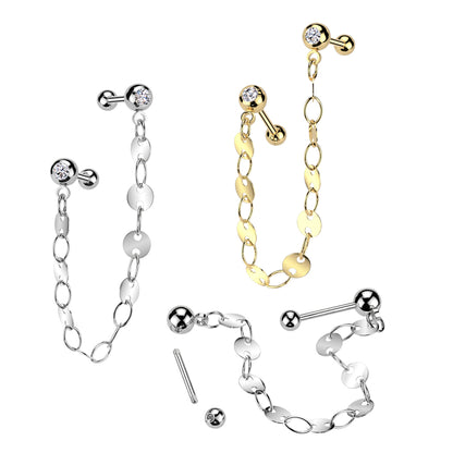 CZ Crystal Barbells with Connecting Flat Disc Chain - 316L Stainless Steel