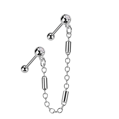 CZ Crystal Barbells with Connecting Barbell Chain - 316L Stainless Steel