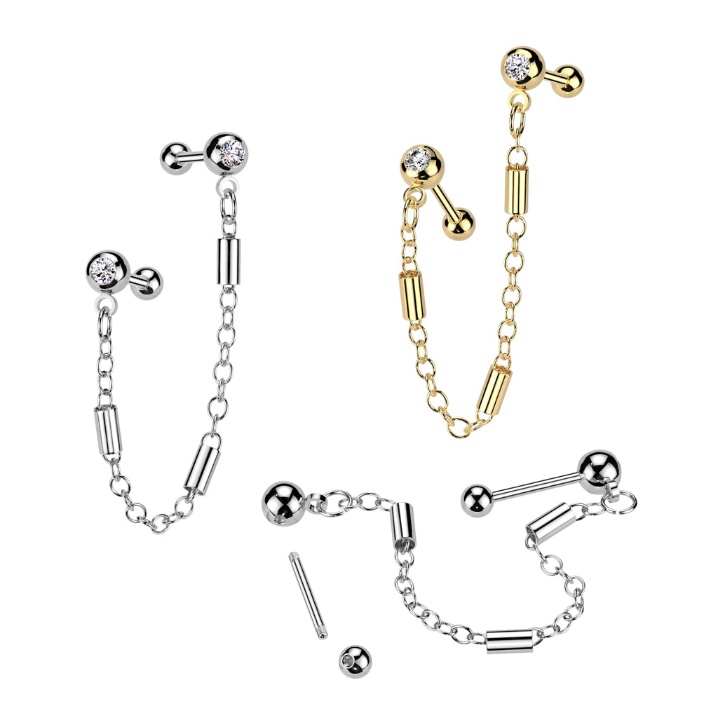 CZ Crystal Barbells with Connecting Barbell Chain - 316L Stainless Steel