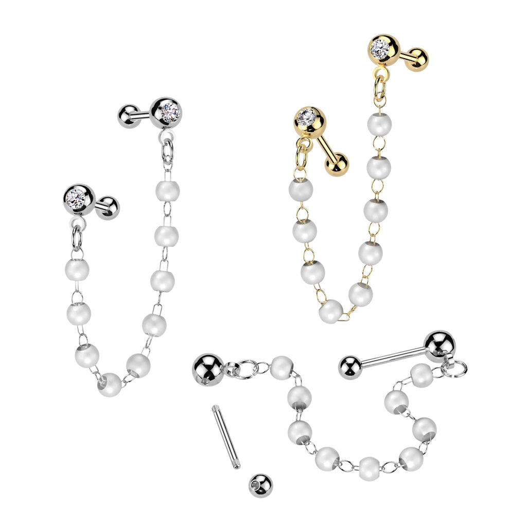 CZ Crystal Barbells with Connecting Faux Pearl Chain - 316L Stainless Steel