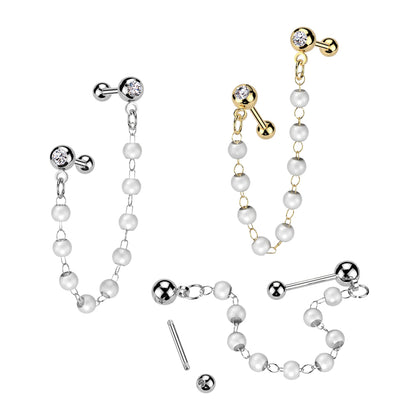 CZ Crystal Barbells with Connecting Faux Pearl Chain - 316L Stainless Steel