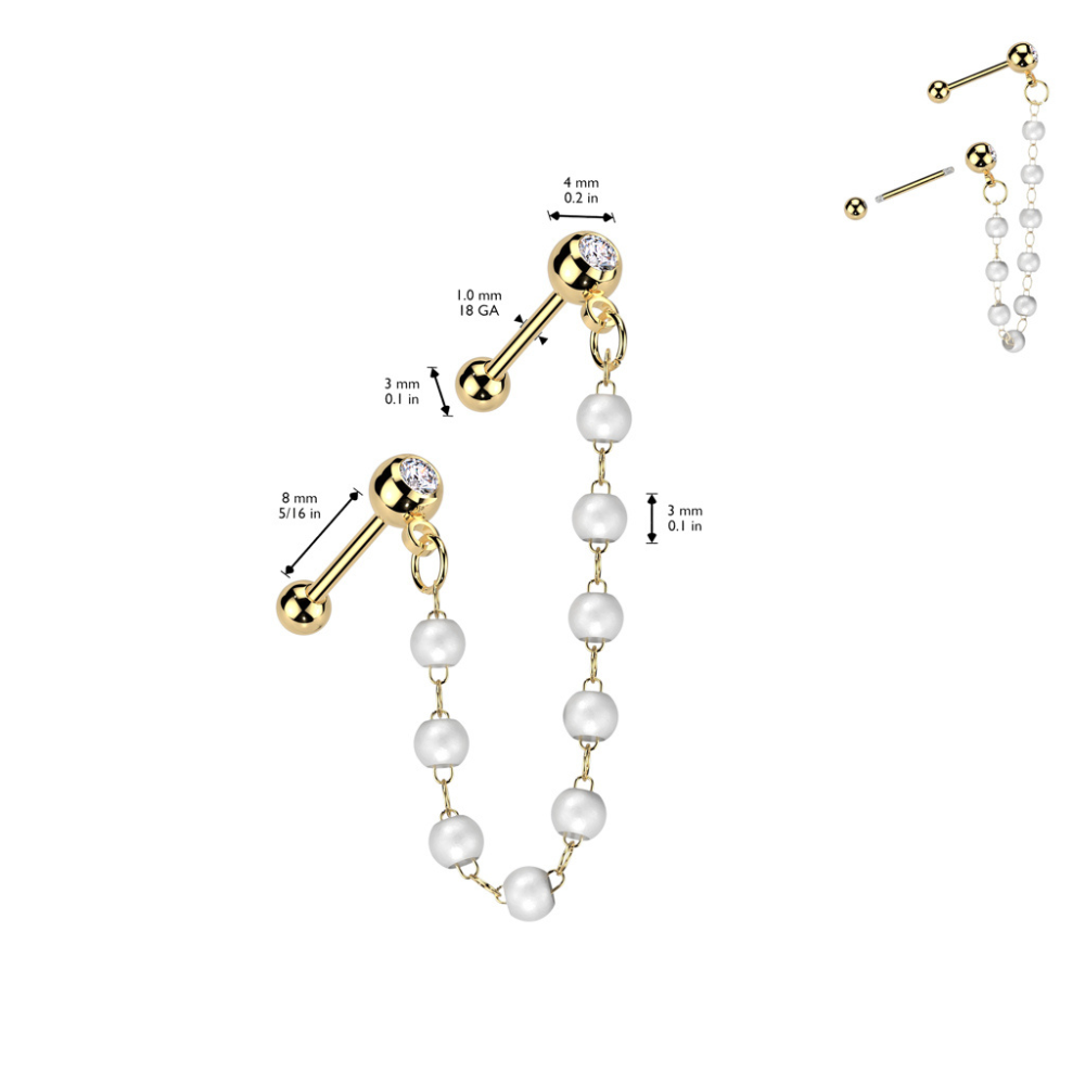 CZ Crystal Barbells with Connecting Faux Pearl Chain - 316L Stainless Steel