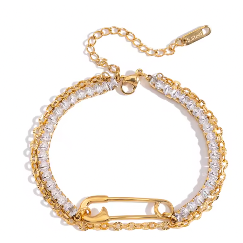 CZ Crystal and Chain Double Layer Safety Pin Charm Bracelet - Gold Plated Stainless Steel