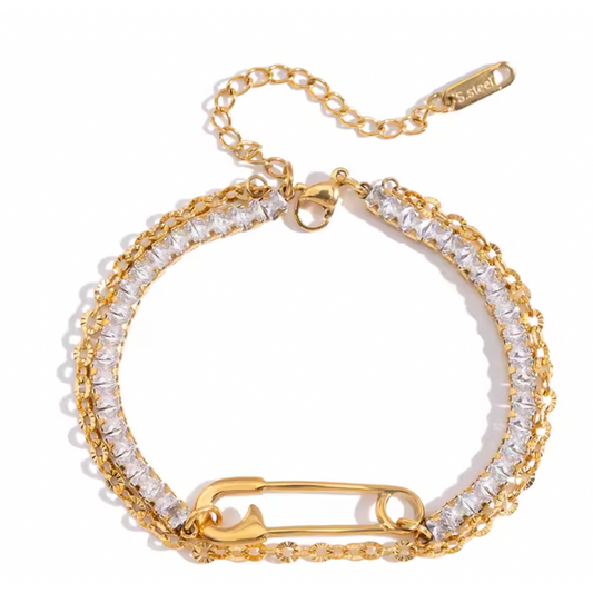 CZ Crystal and Chain Double Layer Safety Pin Charm Bracelet - Gold Plated Stainless Steel
