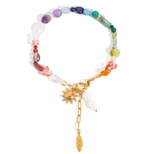 Rainbow Beaded Bracelet with Dangling Sun and Synthetic Pearl Charms - Gold Plated Stainless Steel