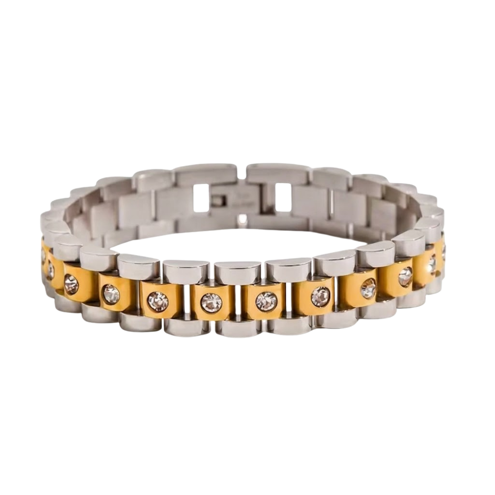 Two Tone Crystal Lined Watch Band Style Stretch Bracelet - 18K Gold Plated Stainless Steel