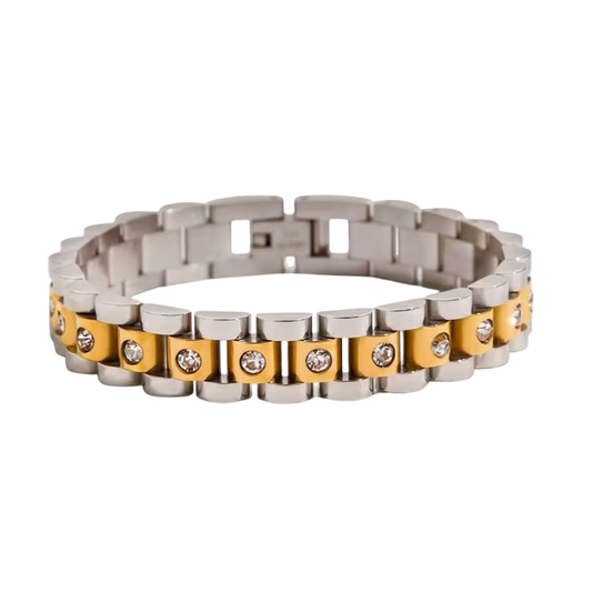 Two Tone Crystal Lined Watch Band Style Stretch Bracelet - 18K Gold Plated Stainless Steel