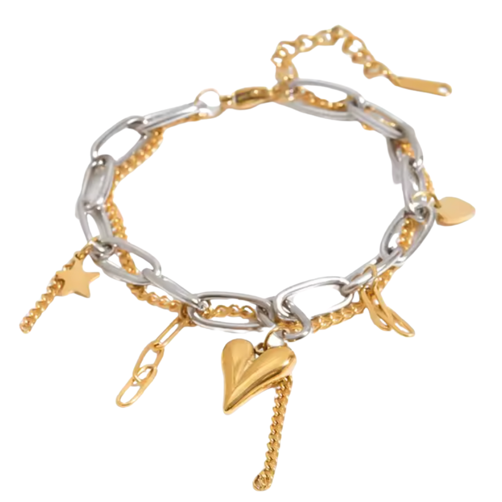 Chained Heart and Star Charm Bracelet - Stainless Steel